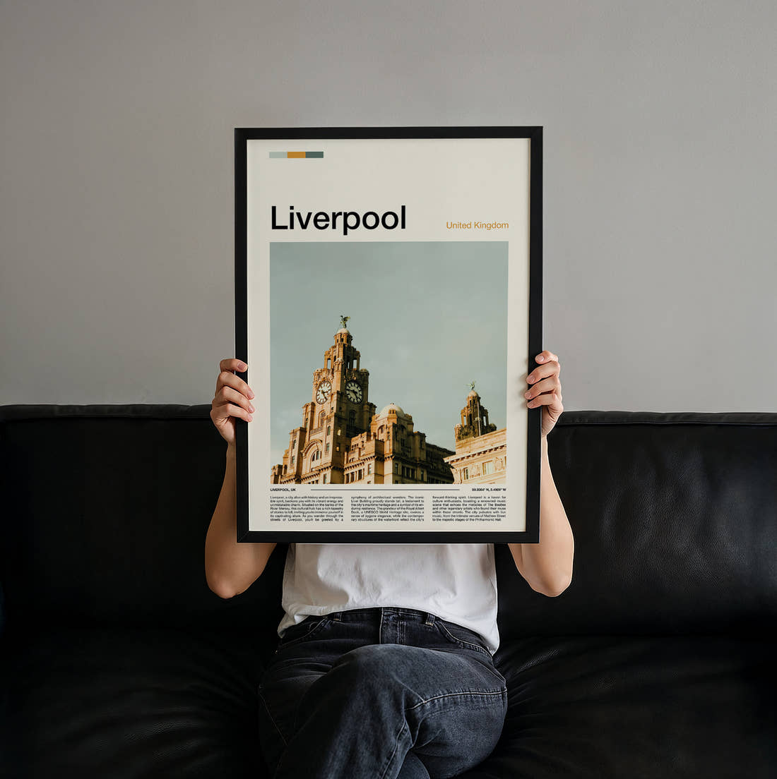 Liverpool Royal Liver Building Clock Towers Travel Print held up by hand to show the size of the print