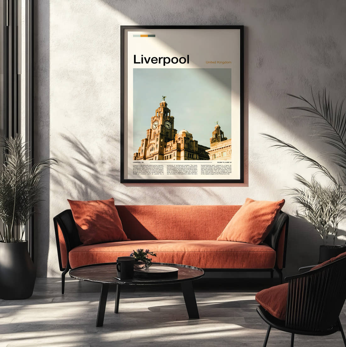 Liverpool Royal Liver Building Clock Towers Travel Print framed on the wall of a modern living room