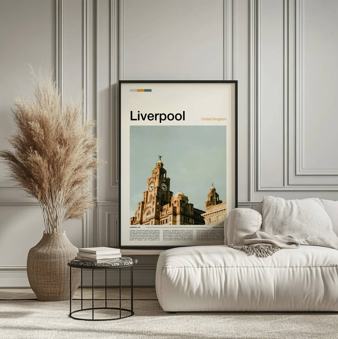 Liverpool Royal Liver Building Clock Towers Travel Print framed on the wall of a calm, neutral bedroom