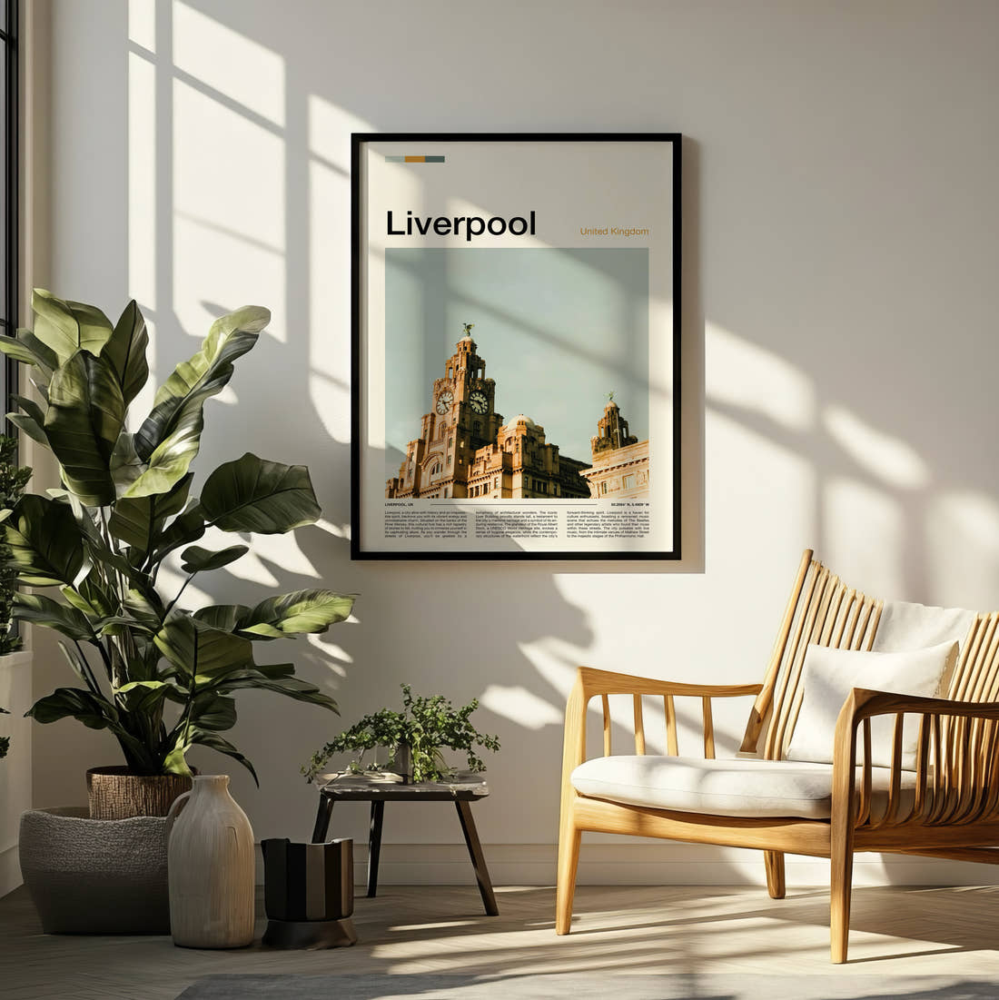 Liverpool Royal Liver Building Clock Towers Travel Print framed on a pale wall beside houseplants