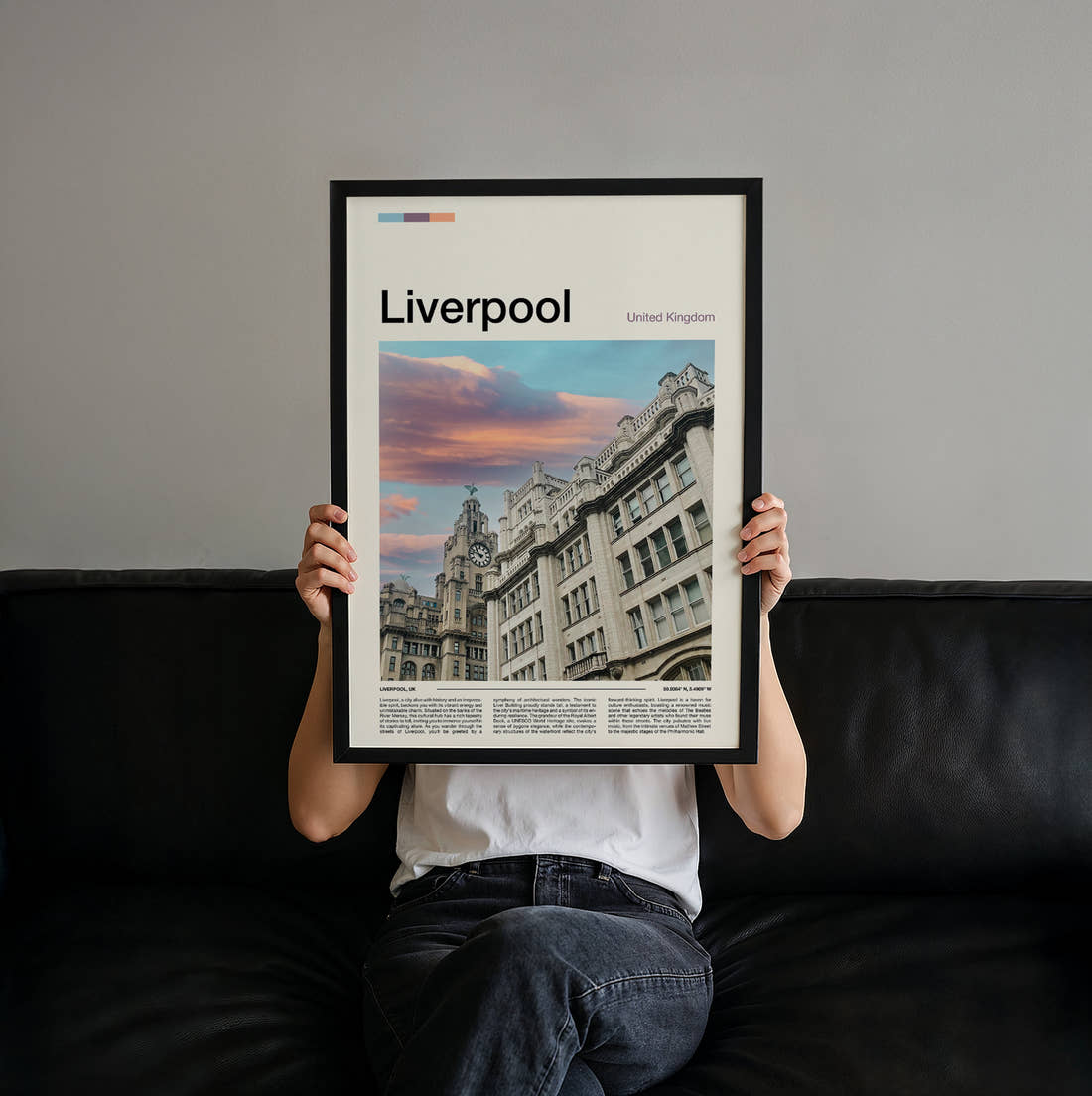 Liverpool Royal Liver Building At Sunset Travel Print held up by hand to show the size of the print