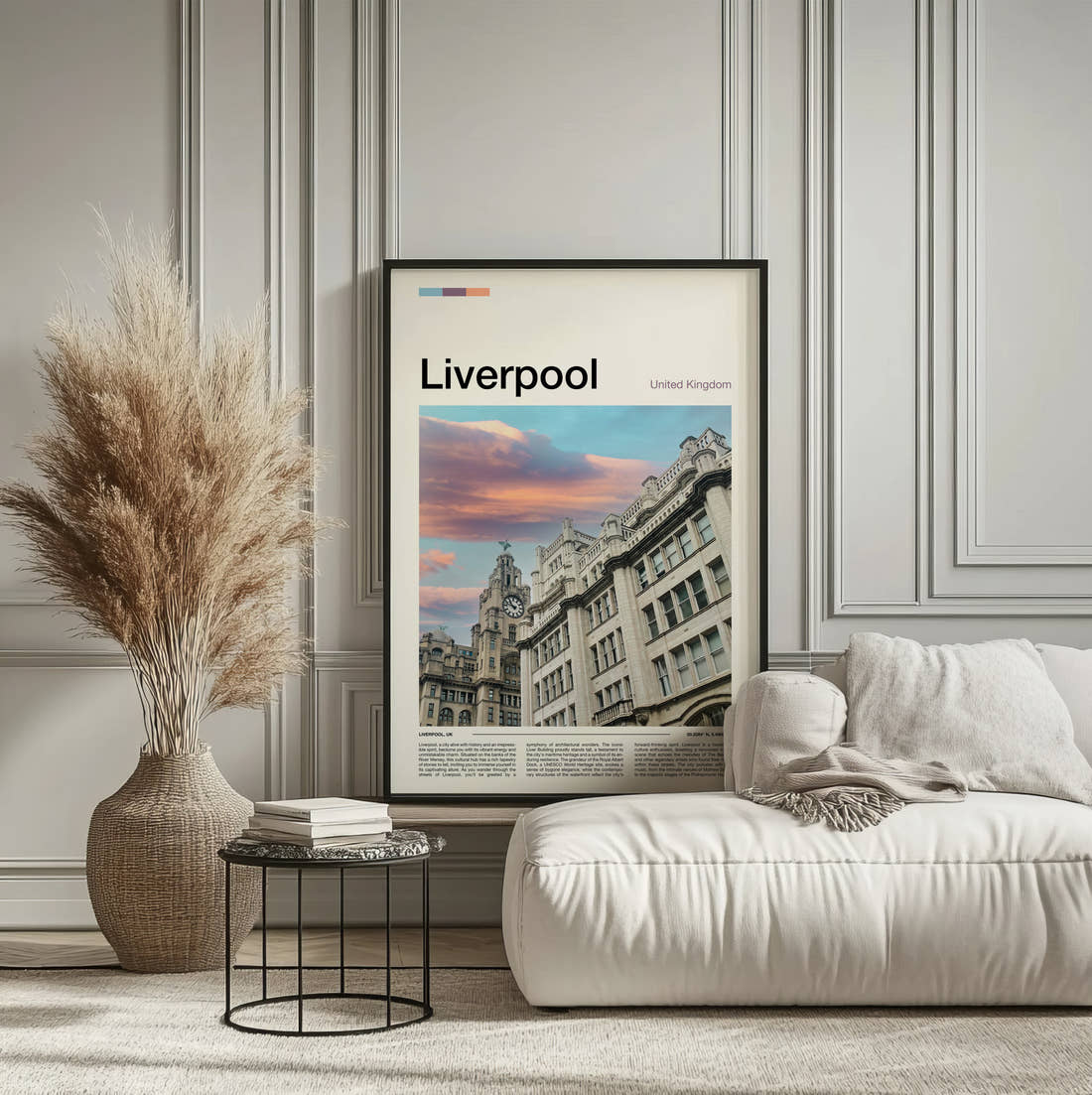 Liverpool Royal Liver Building At Sunset Travel Print framed on the wall of a calm, neutral bedroom