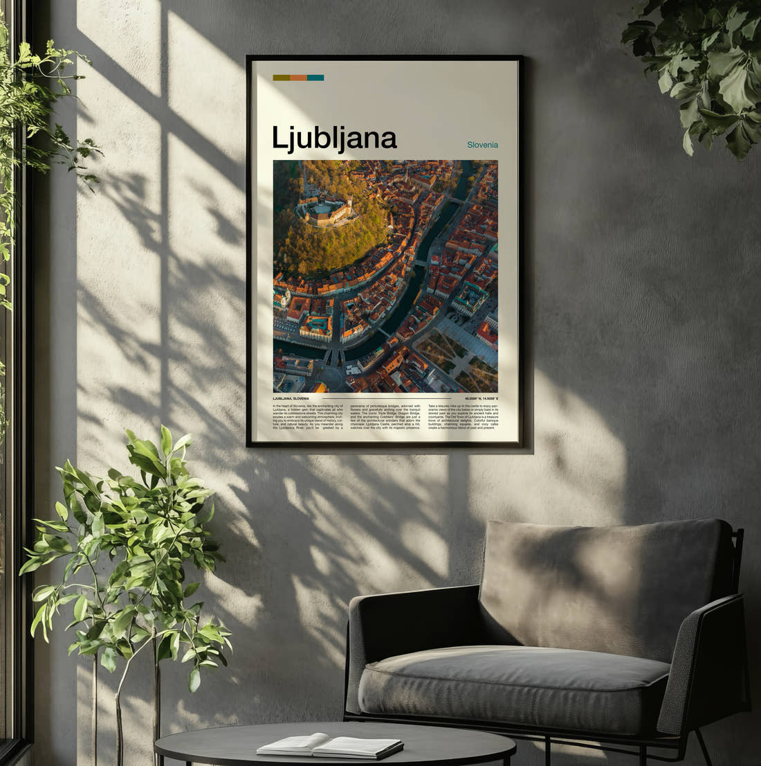Ljubljana Old Town From Above Travel Print framed on the wall of a relaxed living room