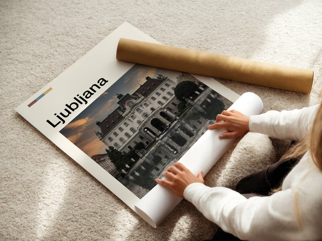 Ljubljana University Building Travel Print being unrolled from its postal tube