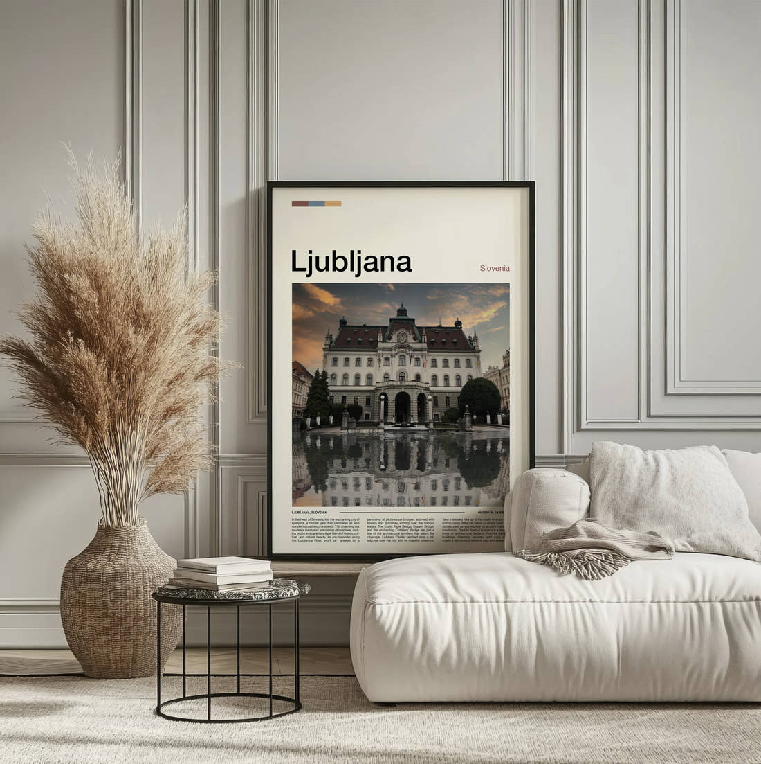 Ljubljana University Building Travel Print framed on the wall of a calm, neutral bedroom