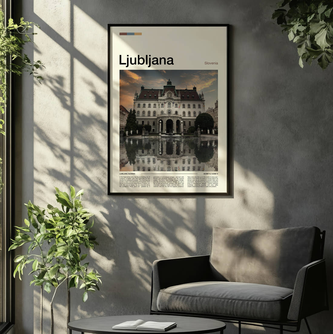 Ljubljana University Building Travel Print framed on the wall of a relaxed living room