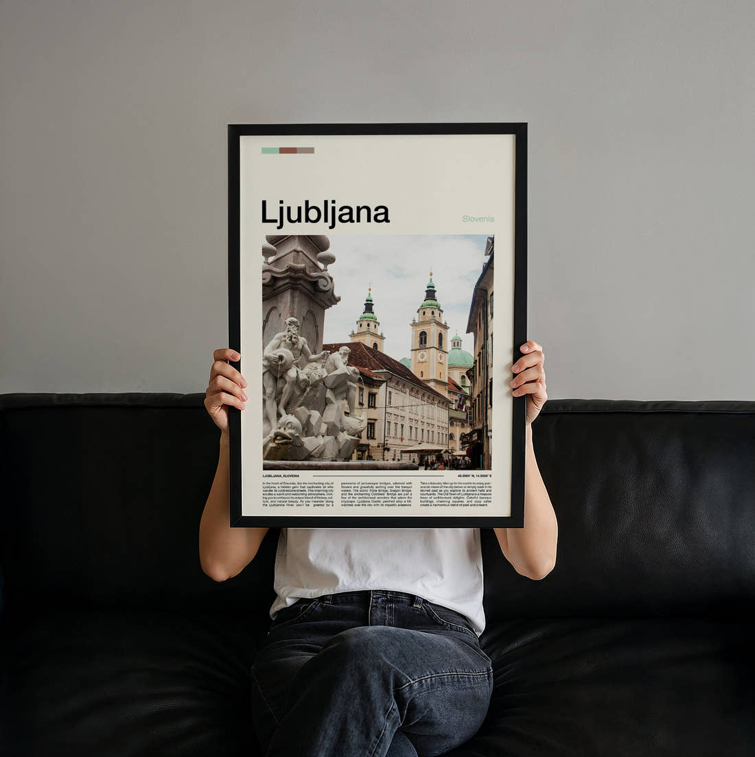 Ljubljana Robba Fountain Travel Print held up by hand to show the size of the print