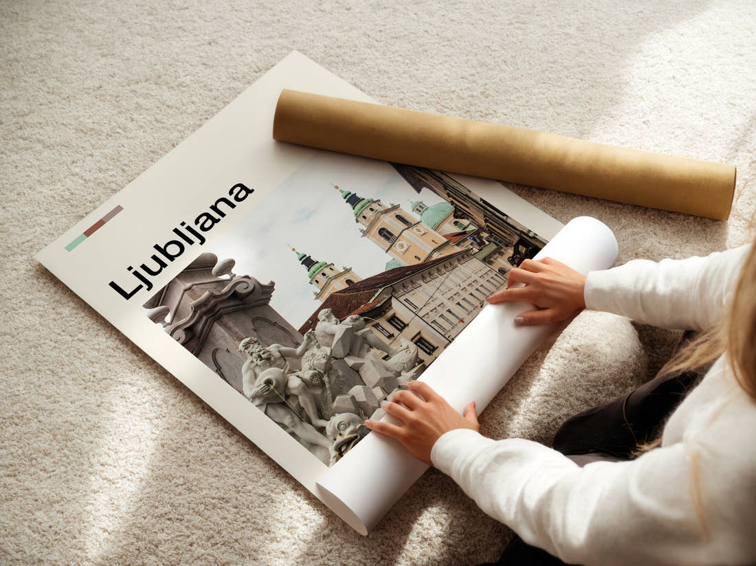 Ljubljana Robba Fountain Travel Print being unrolled from its postal tube