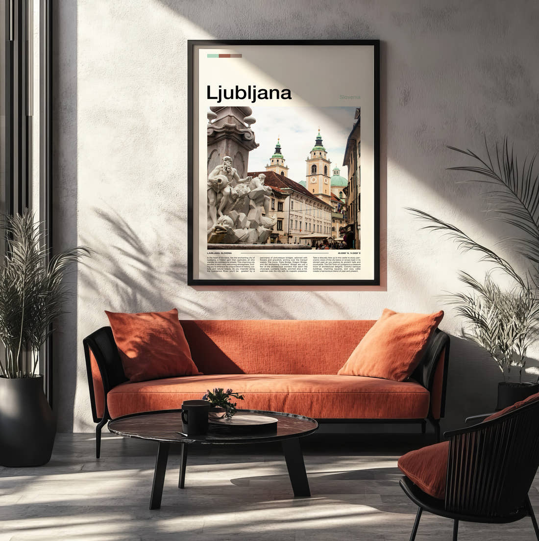 Ljubljana Robba Fountain Travel Print framed on the wall of a modern living room