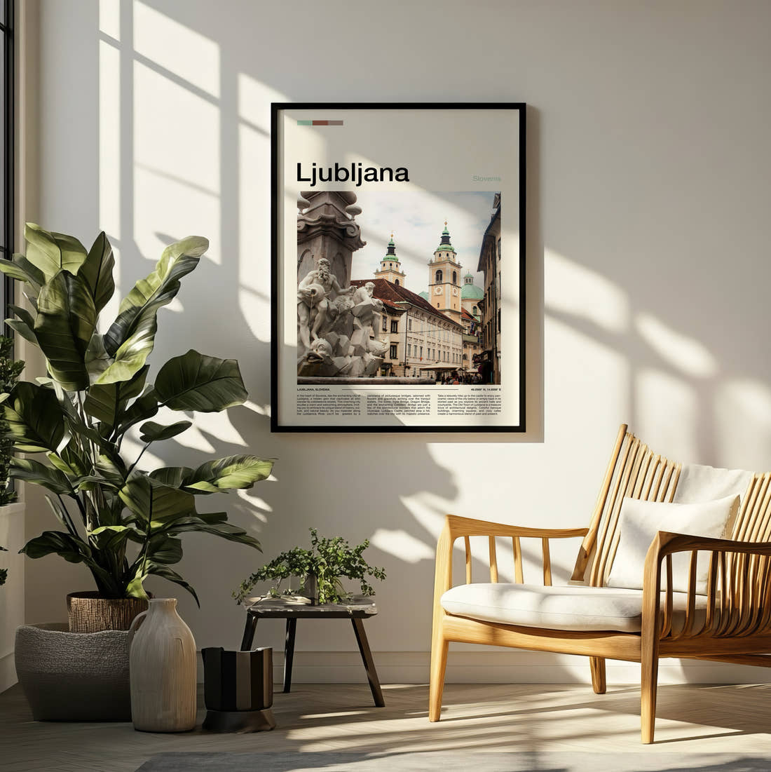 Ljubljana Robba Fountain Travel Print framed on a pale wall beside houseplants