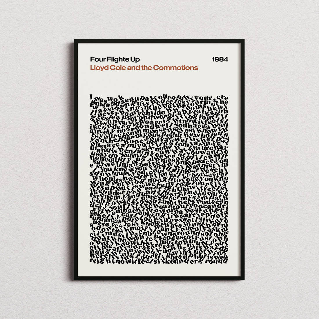 Lloyd Cole and the Commotions Four Flights Up Lyric Print in the cream colourway, framed