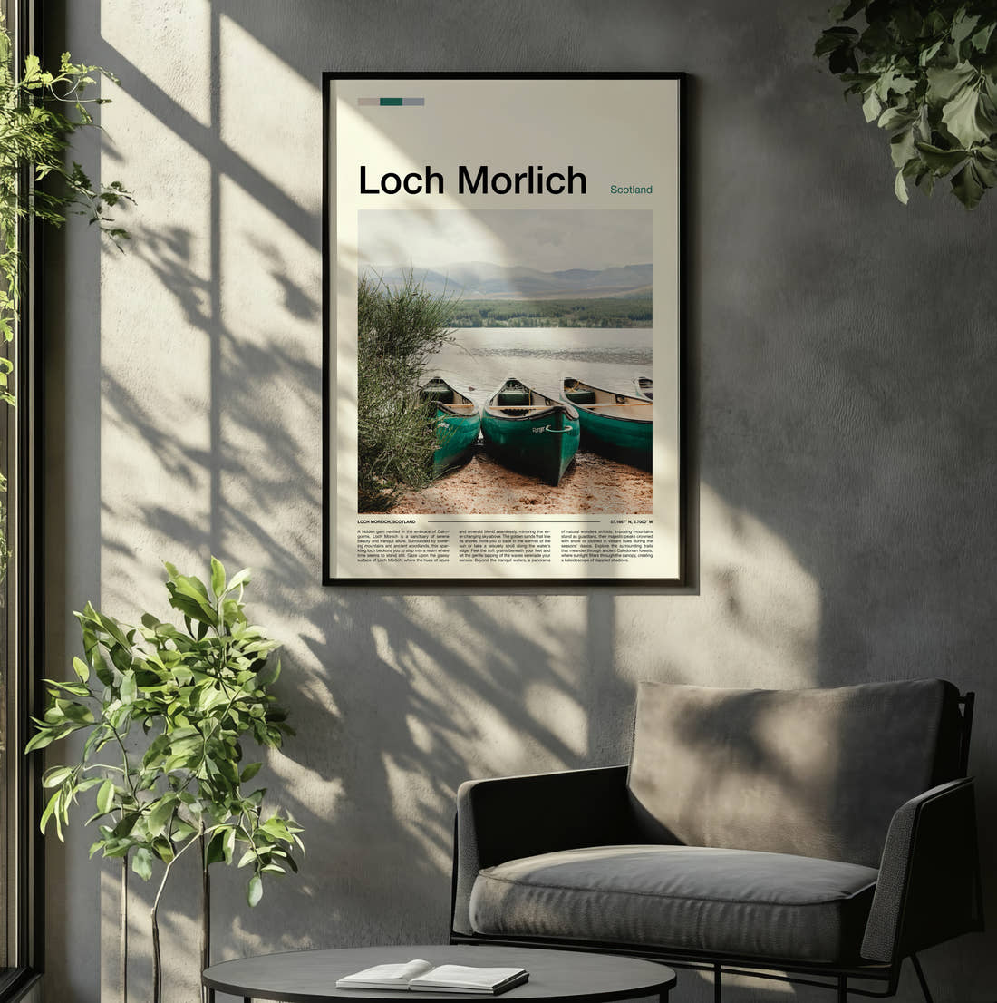 Loch Morlich Canoes On The Shore Travel Print framed on the wall of a relaxed living room