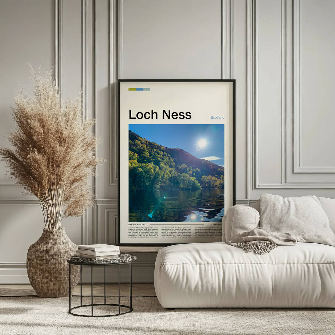 Loch Ness Sunlight Over The Loch Travel Print framed on the wall of a calm, neutral bedroom