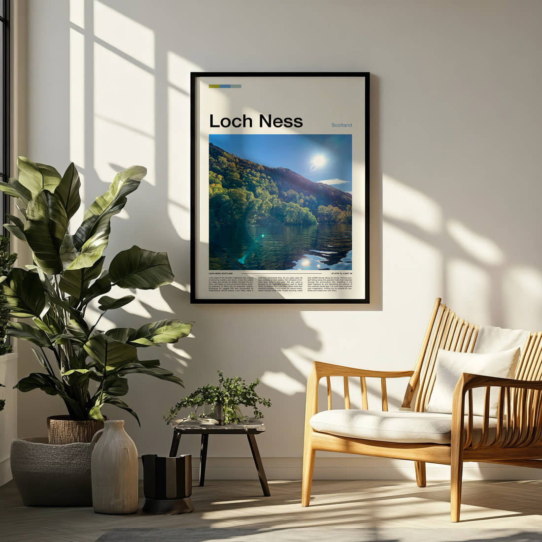 Loch Ness Sunlight Over The Loch Travel Print framed on a pale wall beside houseplants