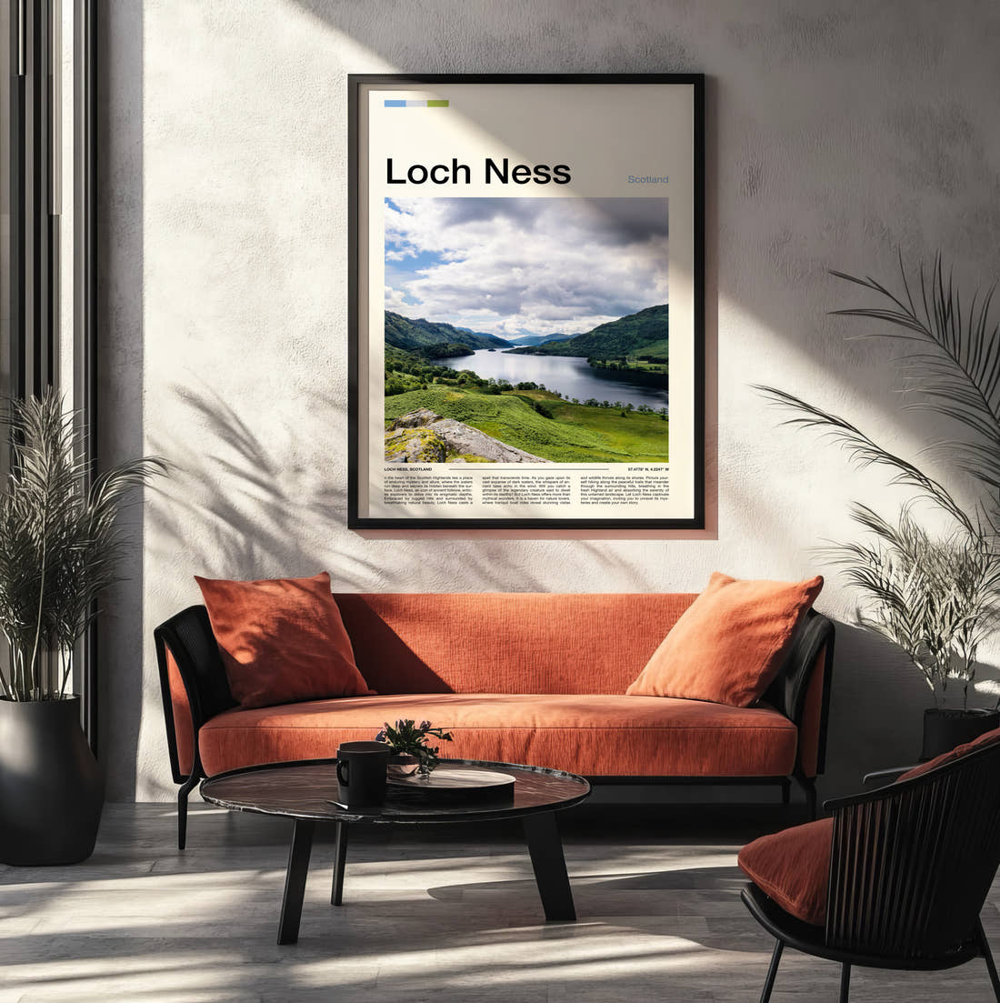 Loch Ness Green Hills And Loch Travel Print framed on the wall of a modern living room