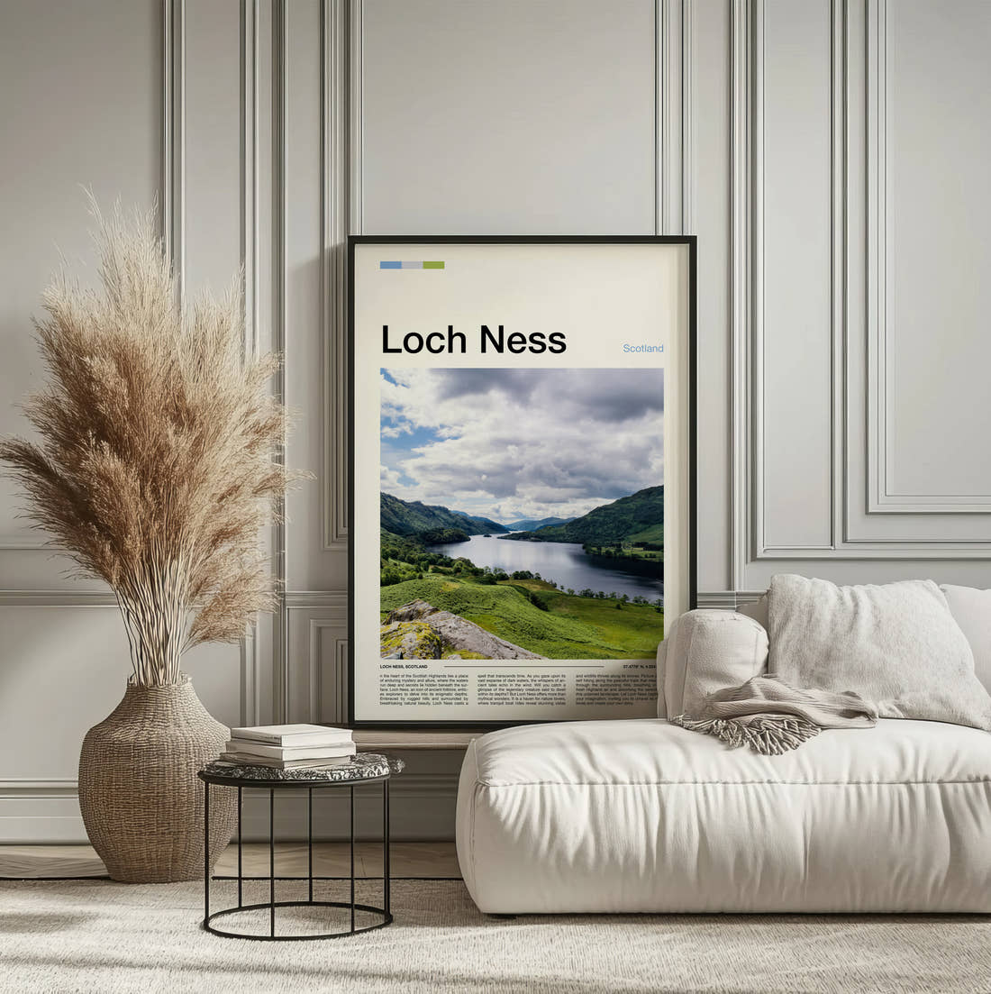 Loch Ness Green Hills And Loch Travel Print framed on the wall of a calm, neutral bedroom