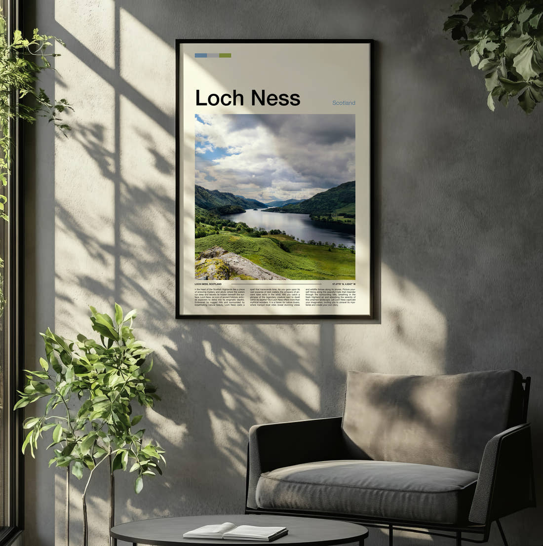 Loch Ness Green Hills And Loch Travel Print framed on the wall of a relaxed living room