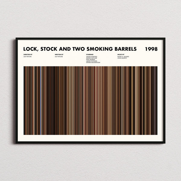 Lock, Stock and Two Smoking Barrels Movie Barcode Poster framed and photographed straight on