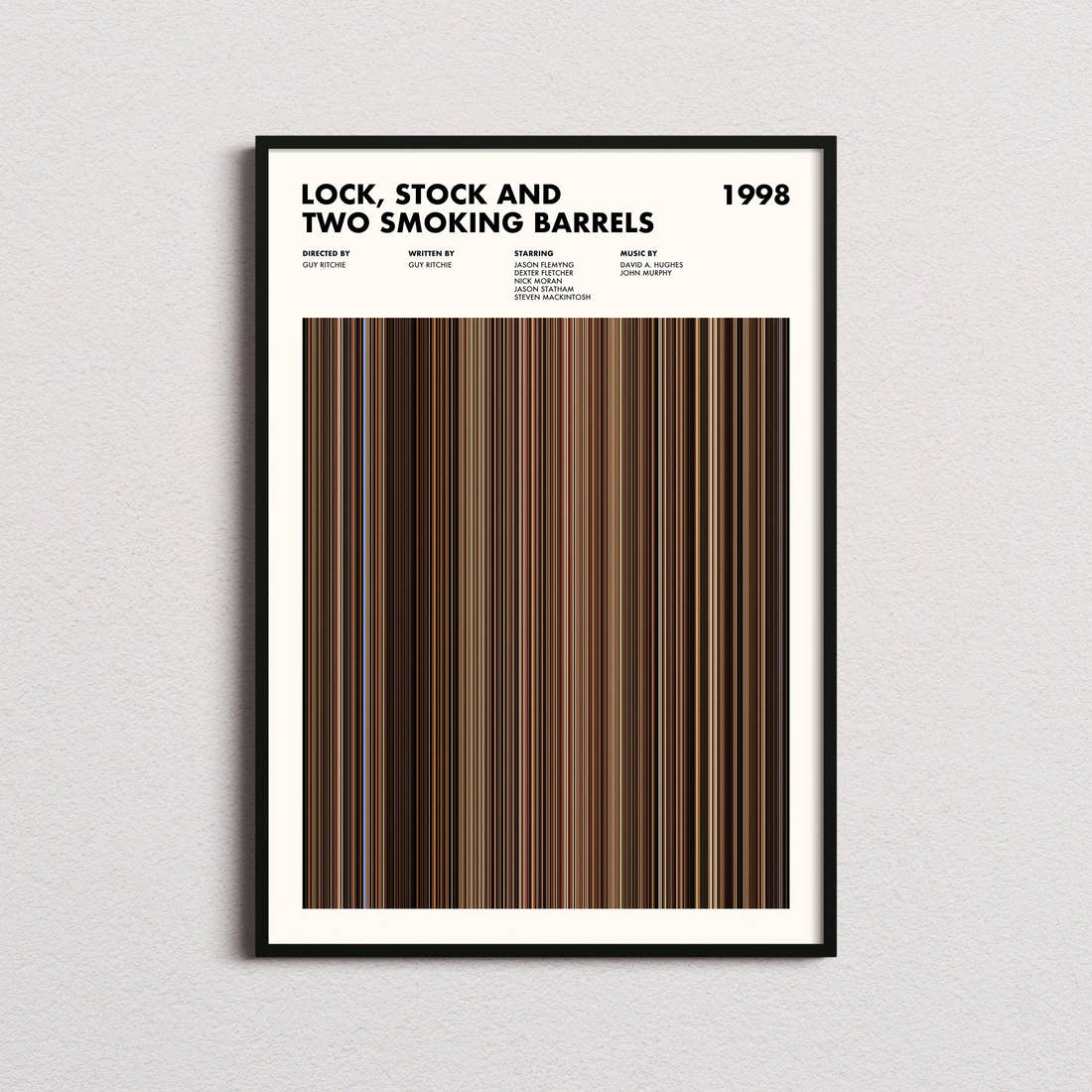 Lock, Stock and Two Smoking Barrels Movie Barcode Poster framed on a plain studio wall