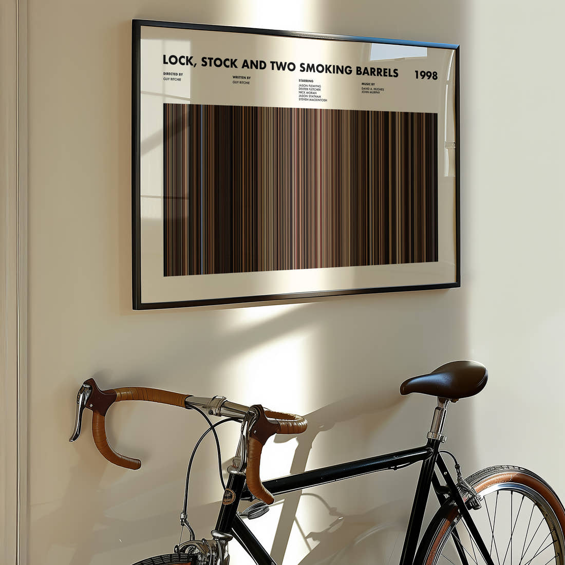 Lock, Stock and Two Smoking Barrels Movie Barcode Poster framed on the wall of a styled room setting