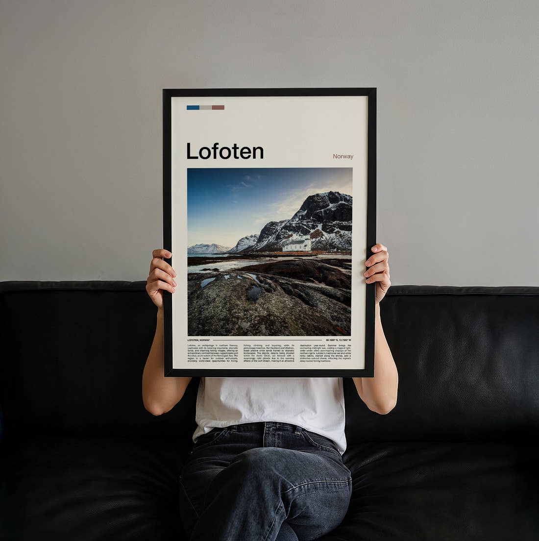 Lofoten Lone House Below Mountain Travel Print held up by hand to show the size of the print