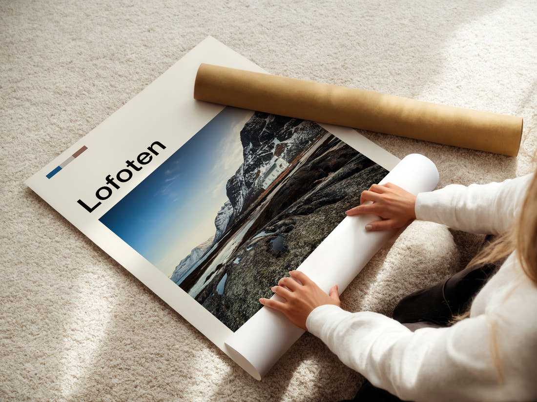 Lofoten Lone House Below Mountain Travel Print being unrolled from its postal tube