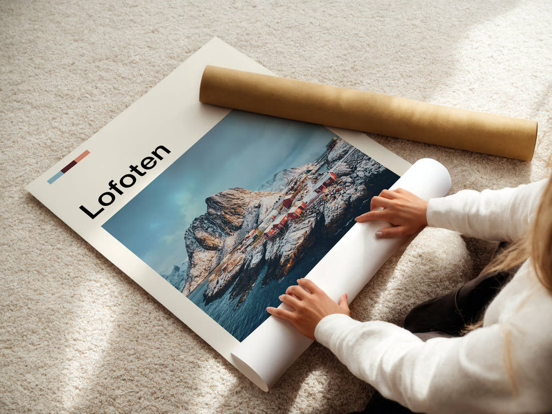 Lofoten Snowy Island Village Travel Print being unrolled from its postal tube