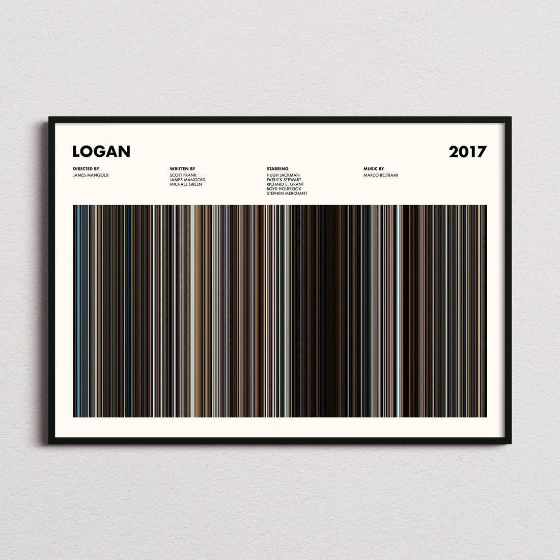 Logan Movie Barcode Poster framed and photographed straight on