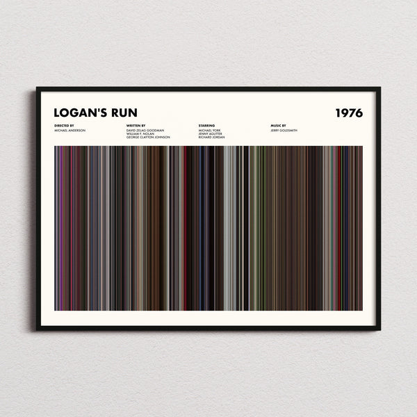 Logan's Run Movie Barcode Poster framed and photographed straight on