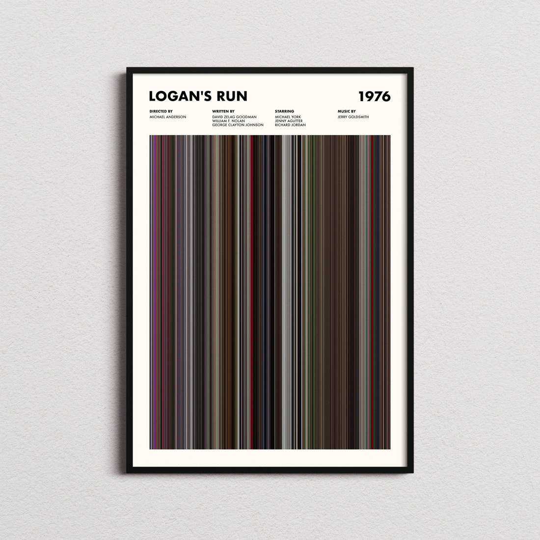 Logan's Run Movie Barcode Poster framed on a plain studio wall