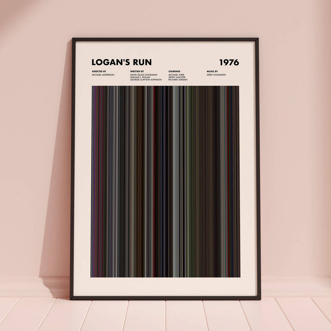 Logan's Run Movie Barcode Poster framed and leaning against a coloured wall