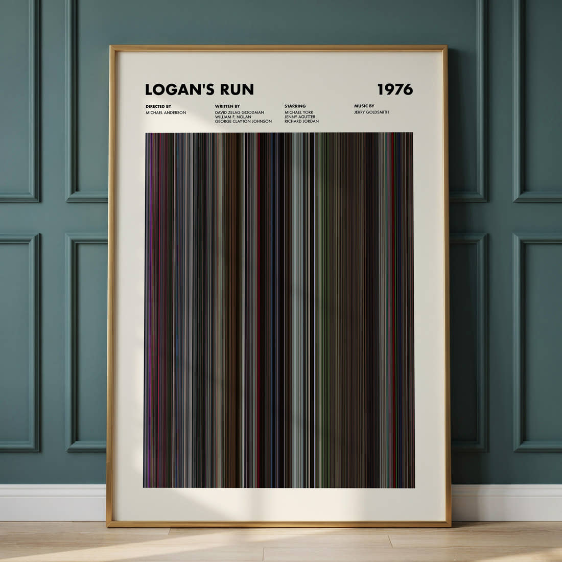 Logan's Run Movie Barcode Poster framed and leaning against a panelled wall