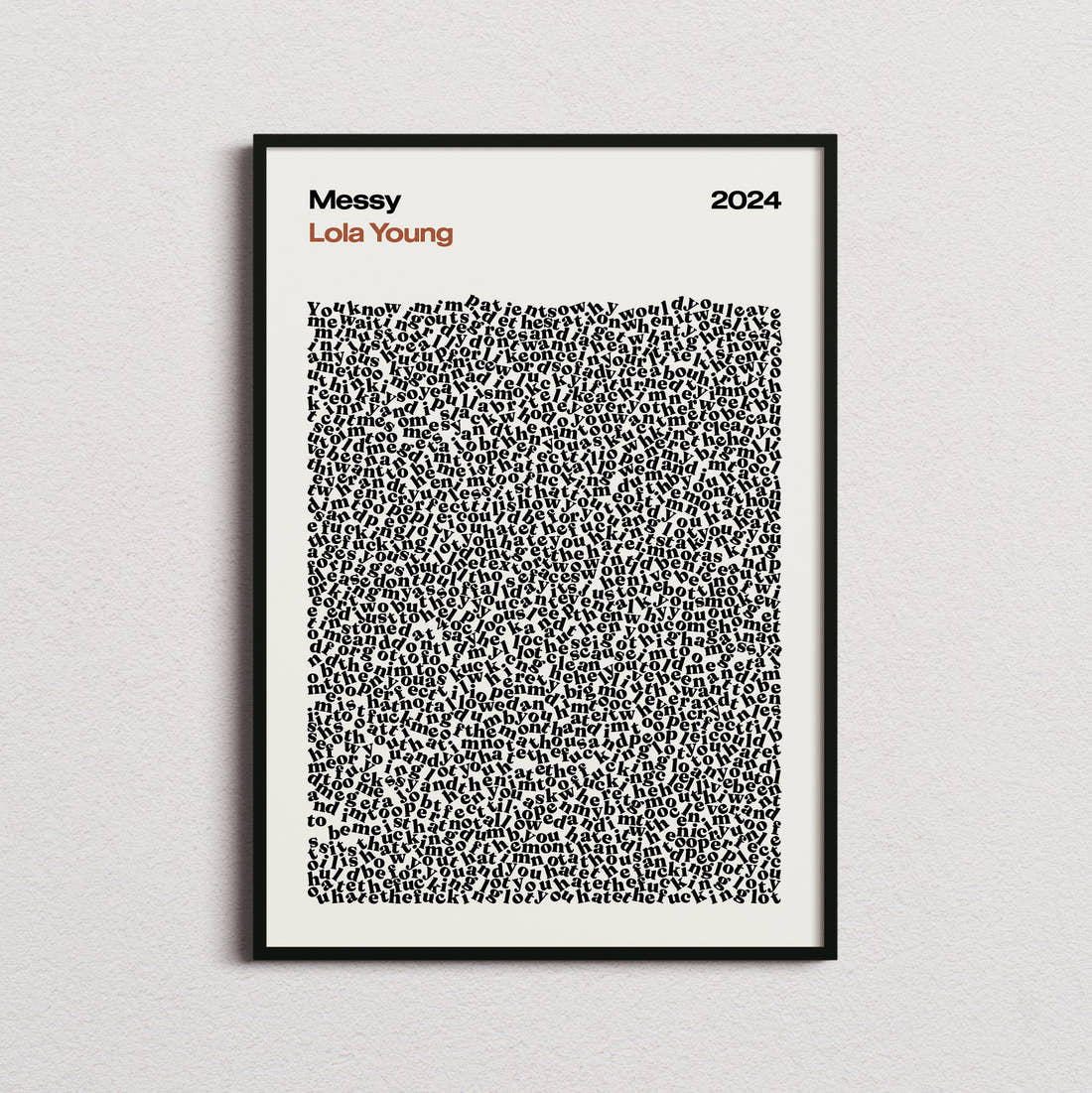 Lola Young Messy Lyric Print in the cream colourway, framed