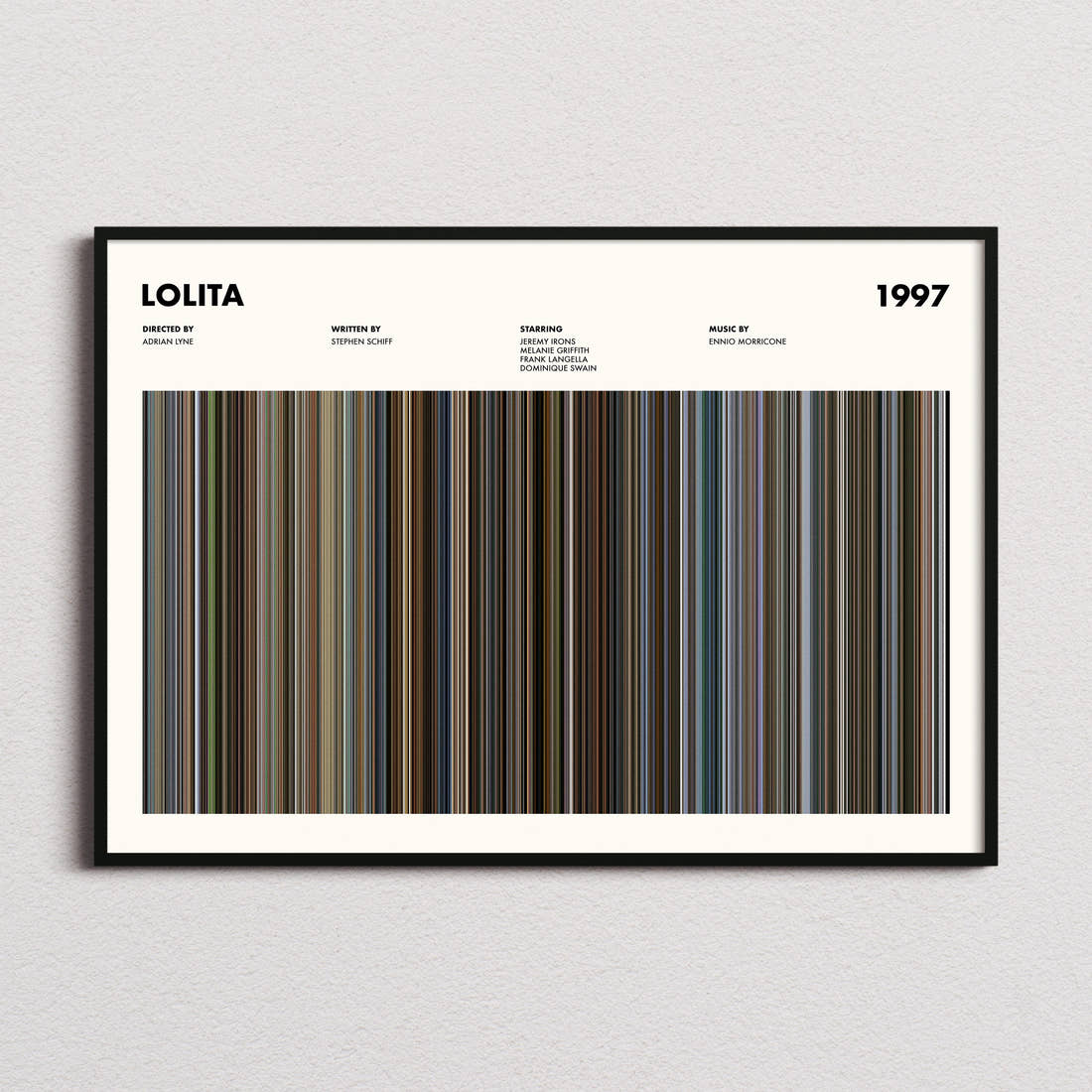 Lolita Movie Barcode Poster framed and photographed straight on