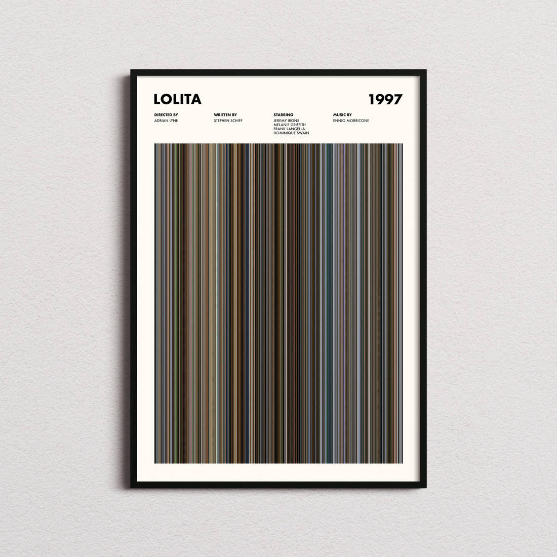 Lolita Movie Barcode Poster framed on a plain studio wall