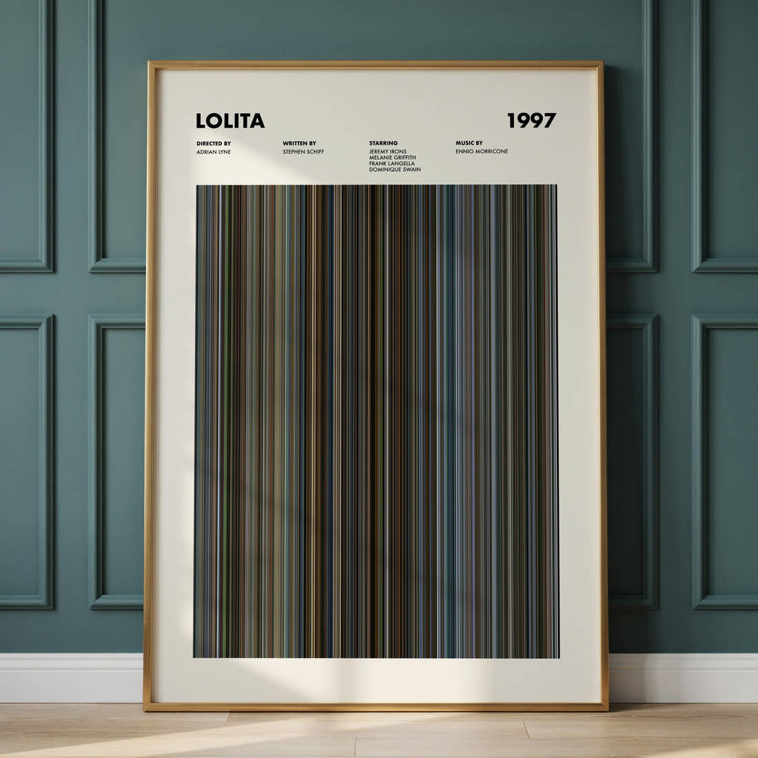 Lolita Movie Barcode Poster framed and leaning against a panelled wall