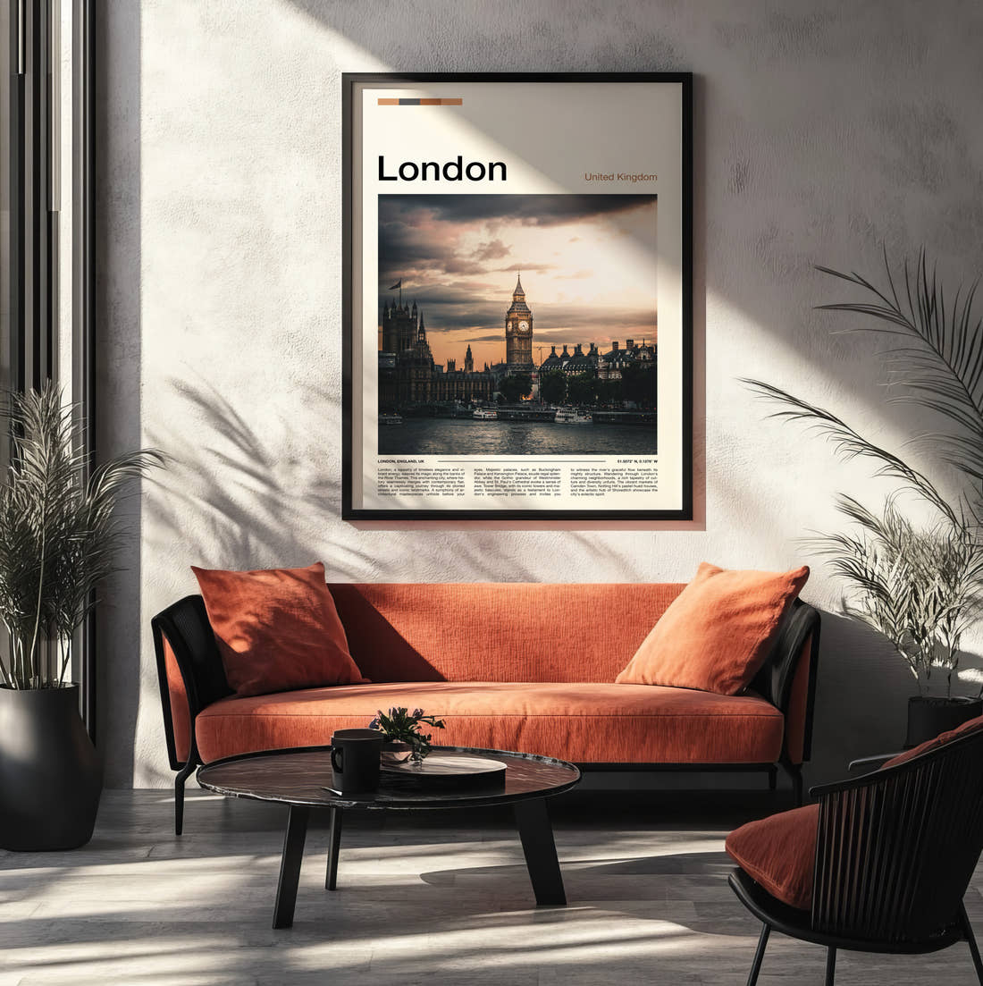 London Big Ben Travel Print framed on the wall of a modern living room