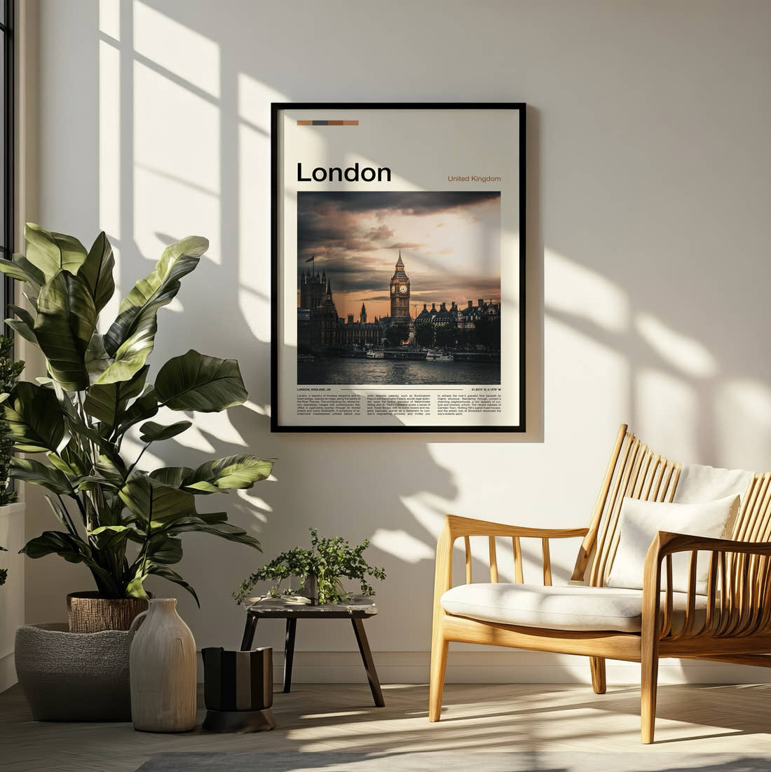 London Big Ben Travel Print framed on a pale wall beside houseplants