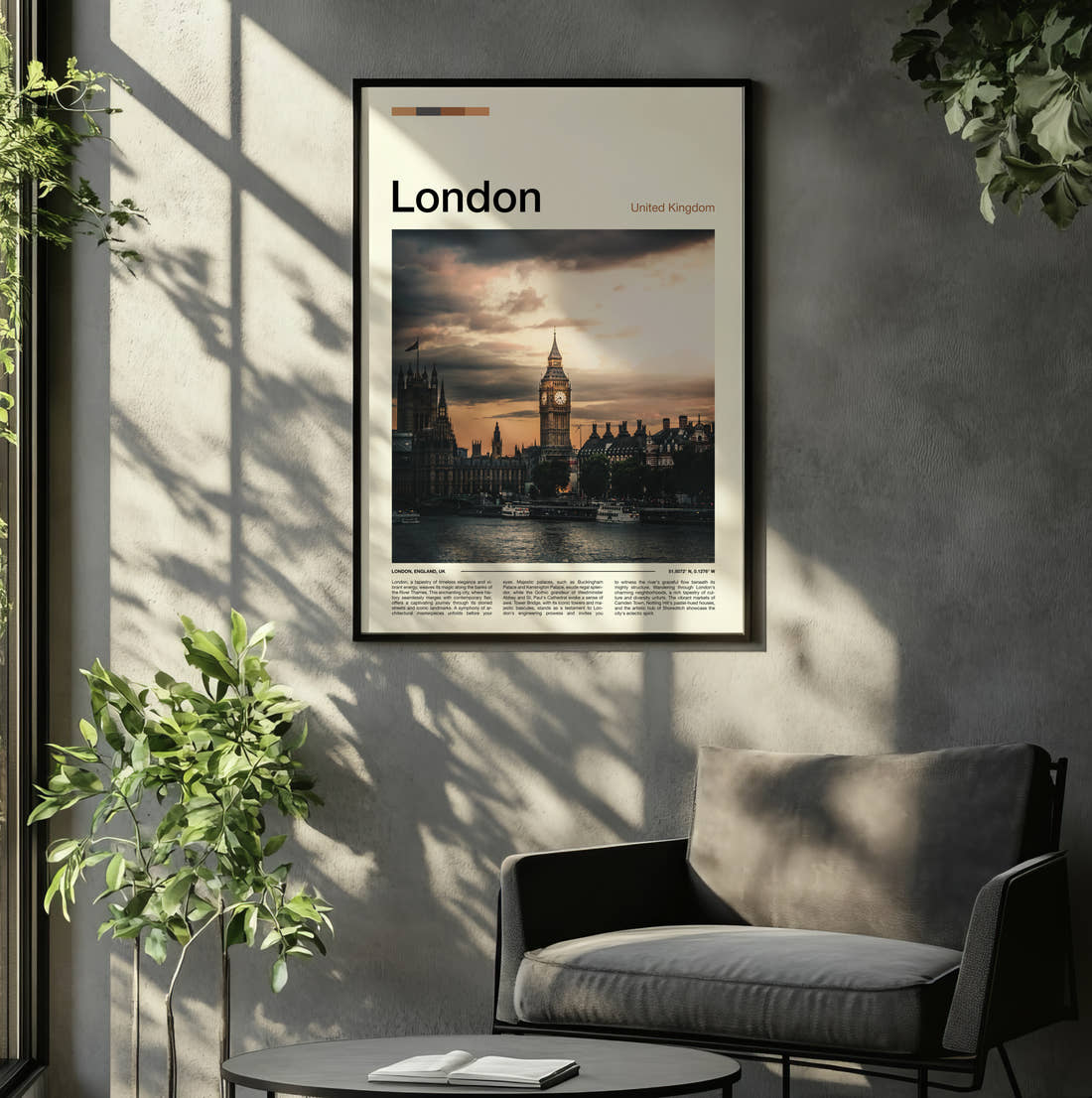 London Big Ben Travel Print framed on the wall of a relaxed living room