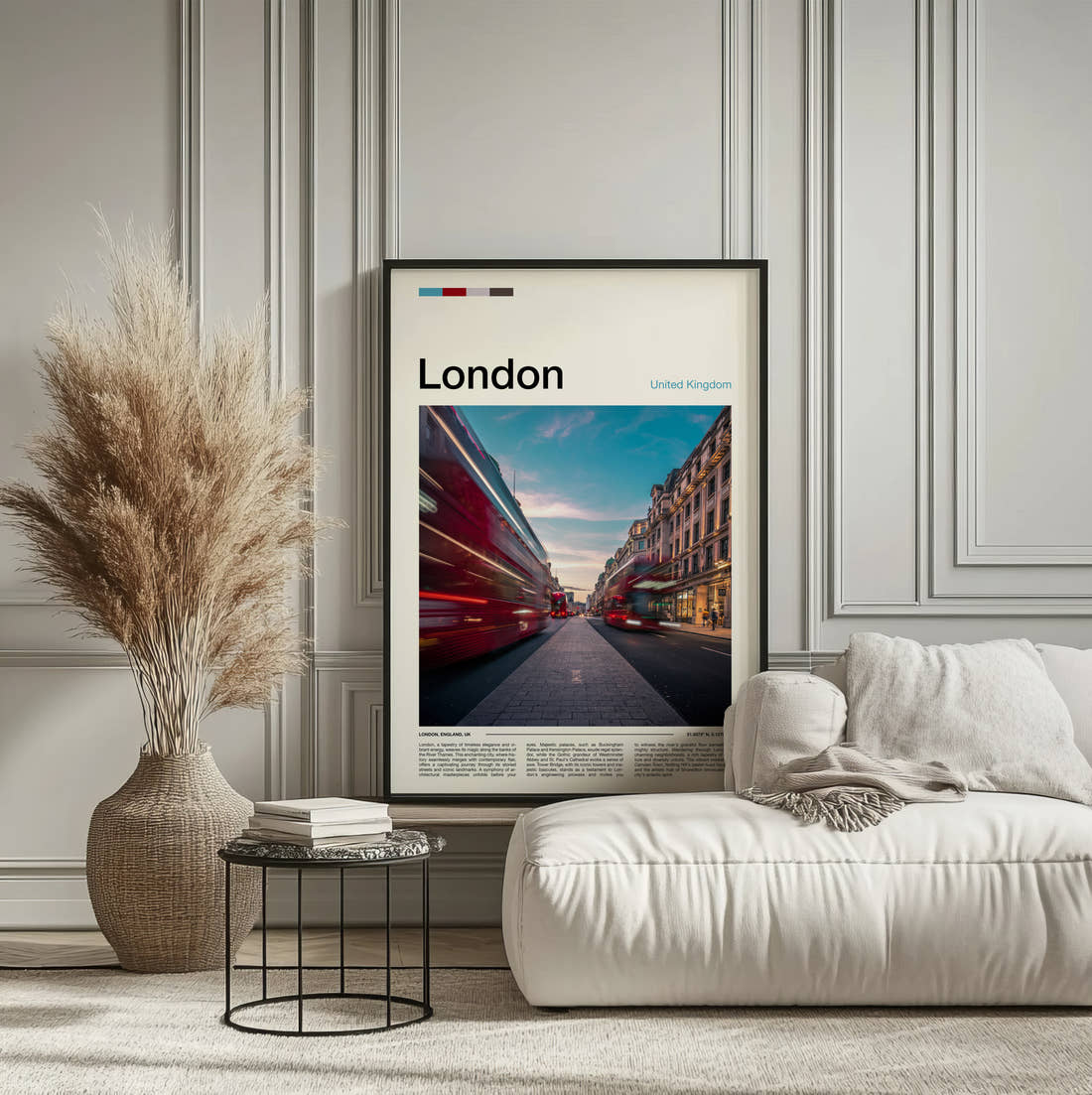 London Red Double-Decker Bus Travel Print framed on the wall of a calm, neutral bedroom