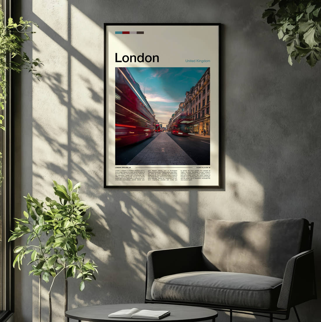 London Red Double-Decker Bus Travel Print framed on the wall of a relaxed living room