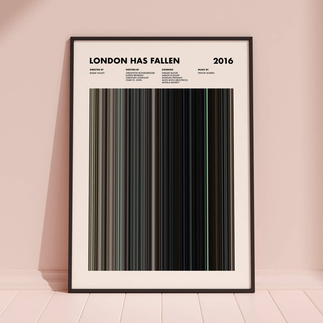 London Has Fallen Movie Barcode Poster framed and leaning against a coloured wall