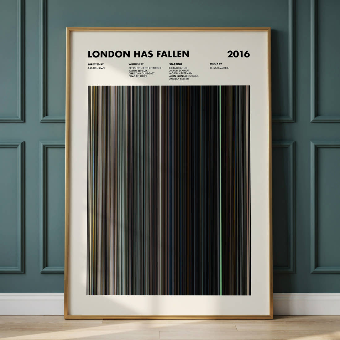 London Has Fallen Movie Barcode Poster framed and leaning against a panelled wall