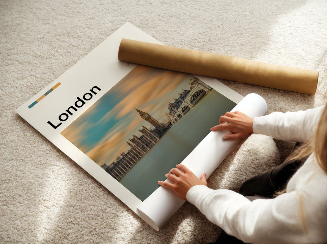 London Houses Of Parliament Travel Print being unrolled from its postal tube