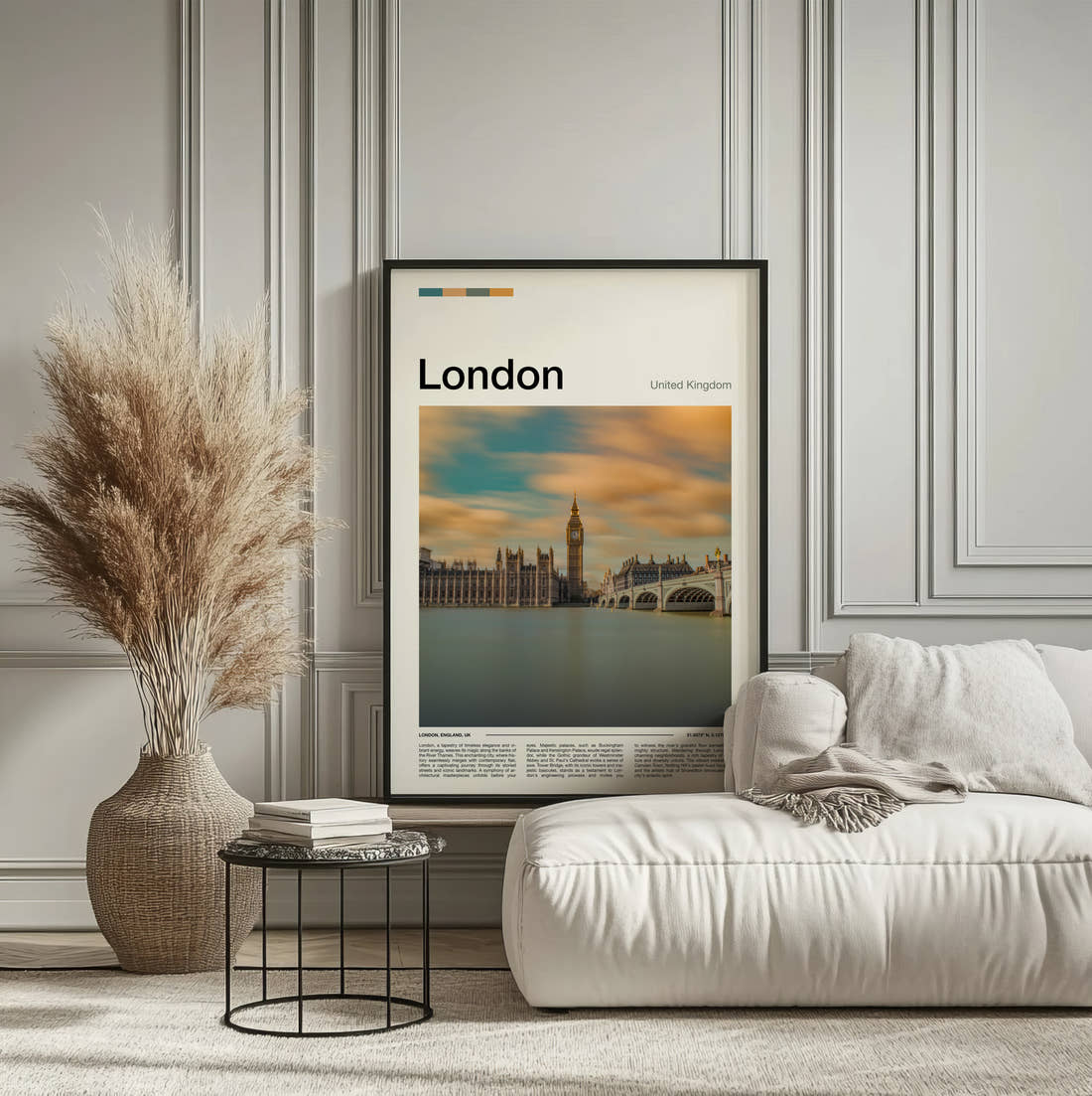 London Houses Of Parliament Travel Print framed on the wall of a calm, neutral bedroom
