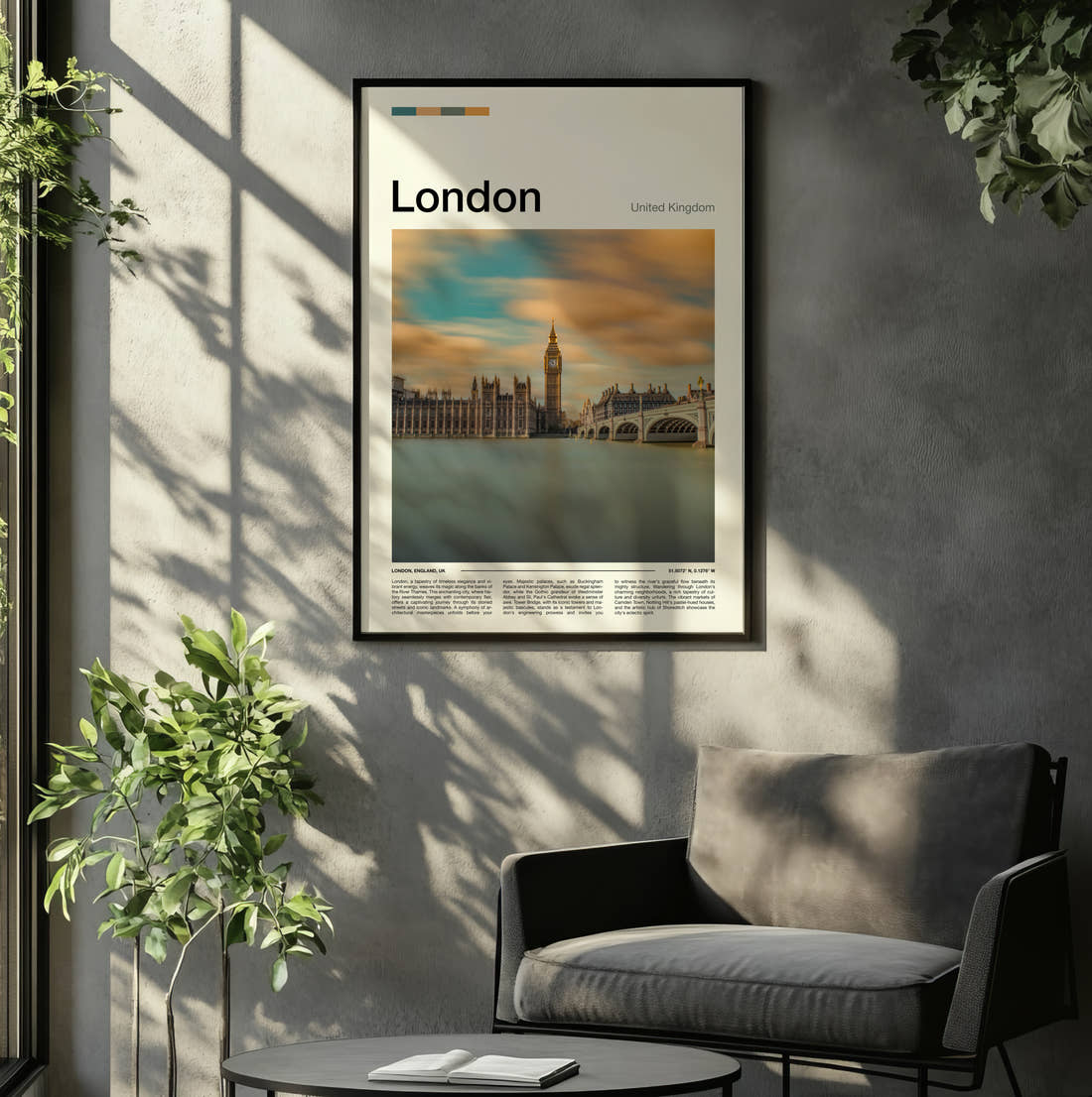 London Houses Of Parliament Travel Print framed on the wall of a relaxed living room