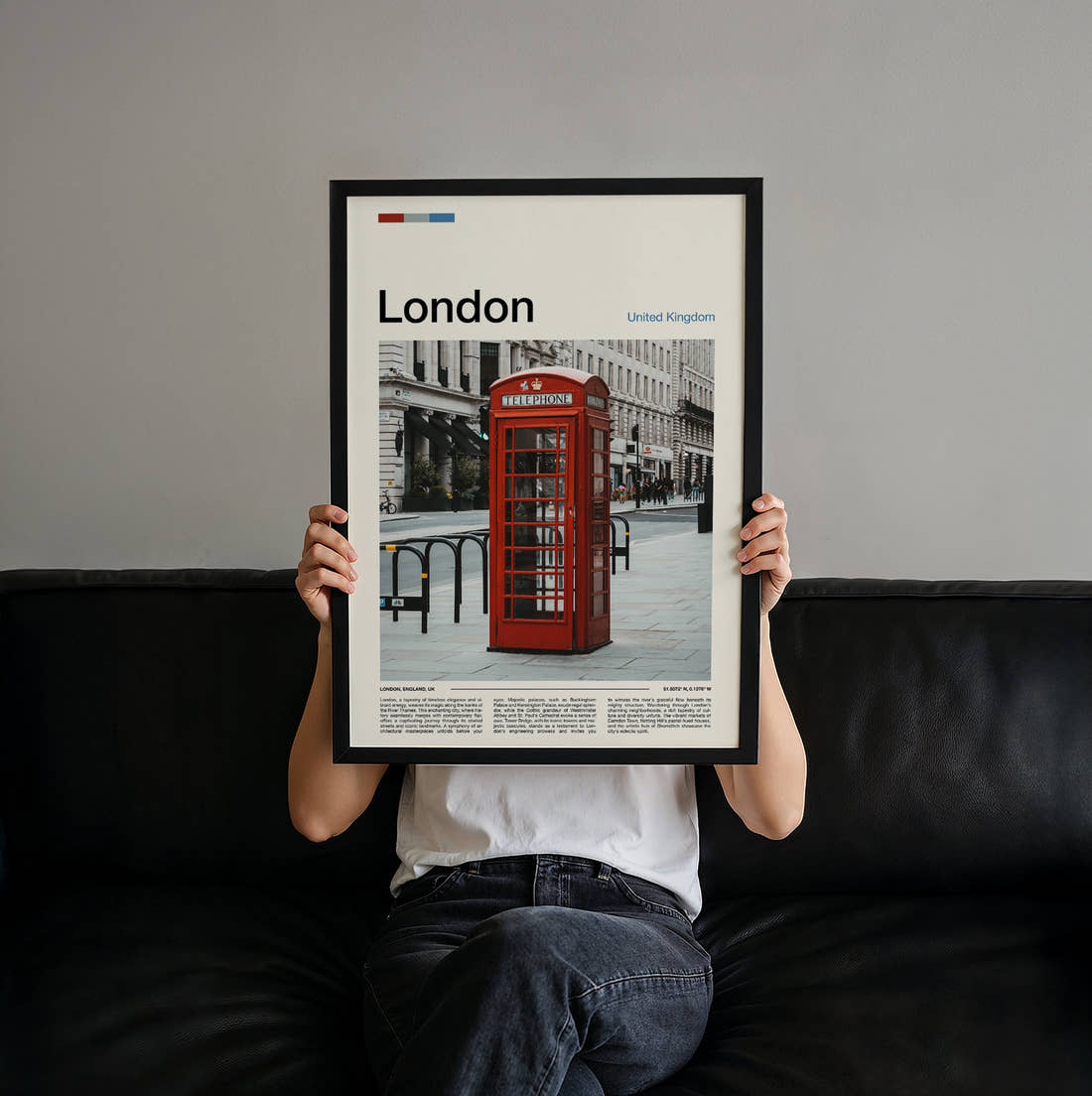 London Red Telephone Box Travel Print held up by hand to show the size of the print