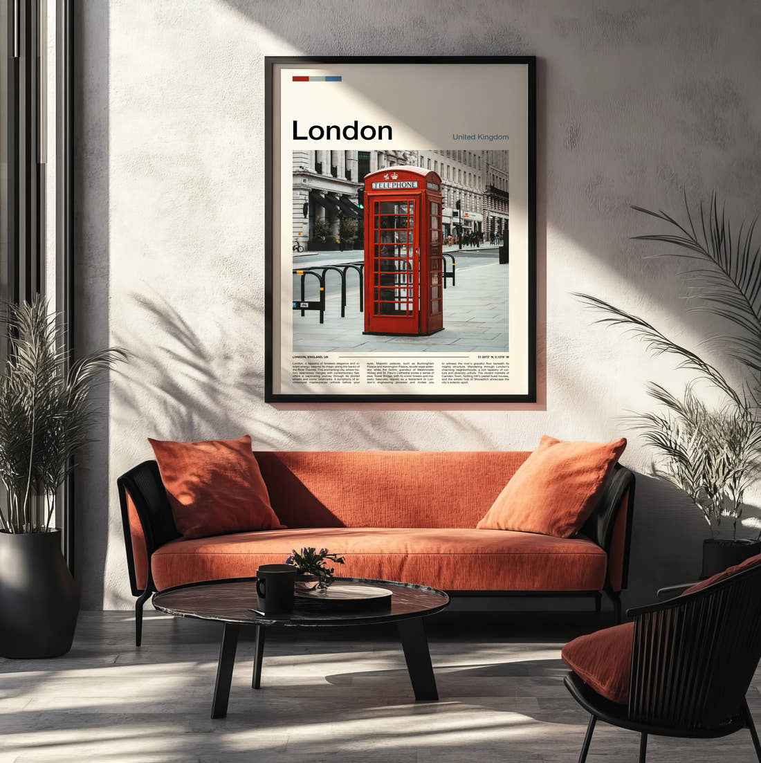 London Red Telephone Box Travel Print framed on the wall of a modern living room