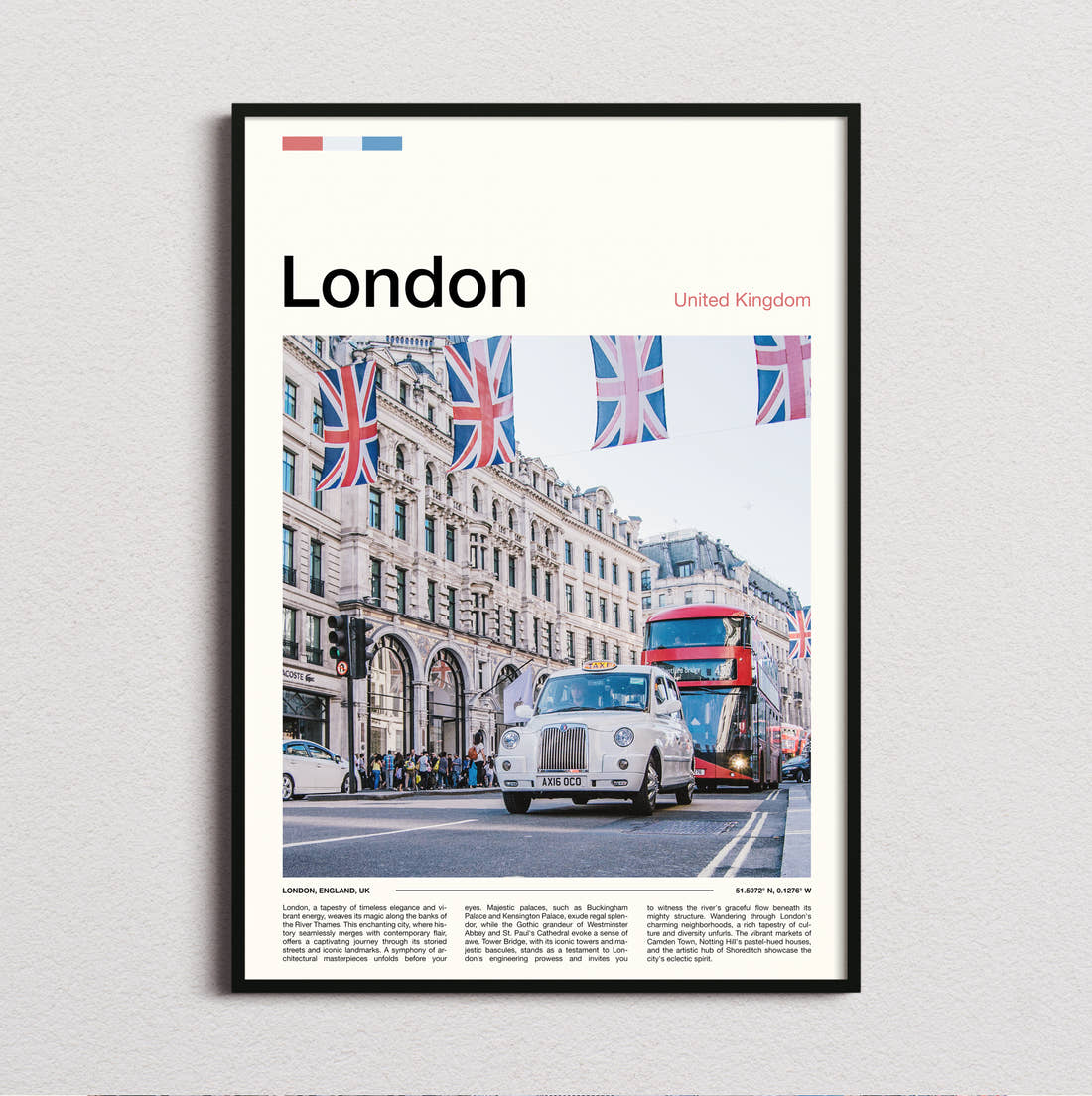 London Taxi Under Union Jacks Travel Print framed and photographed straight on