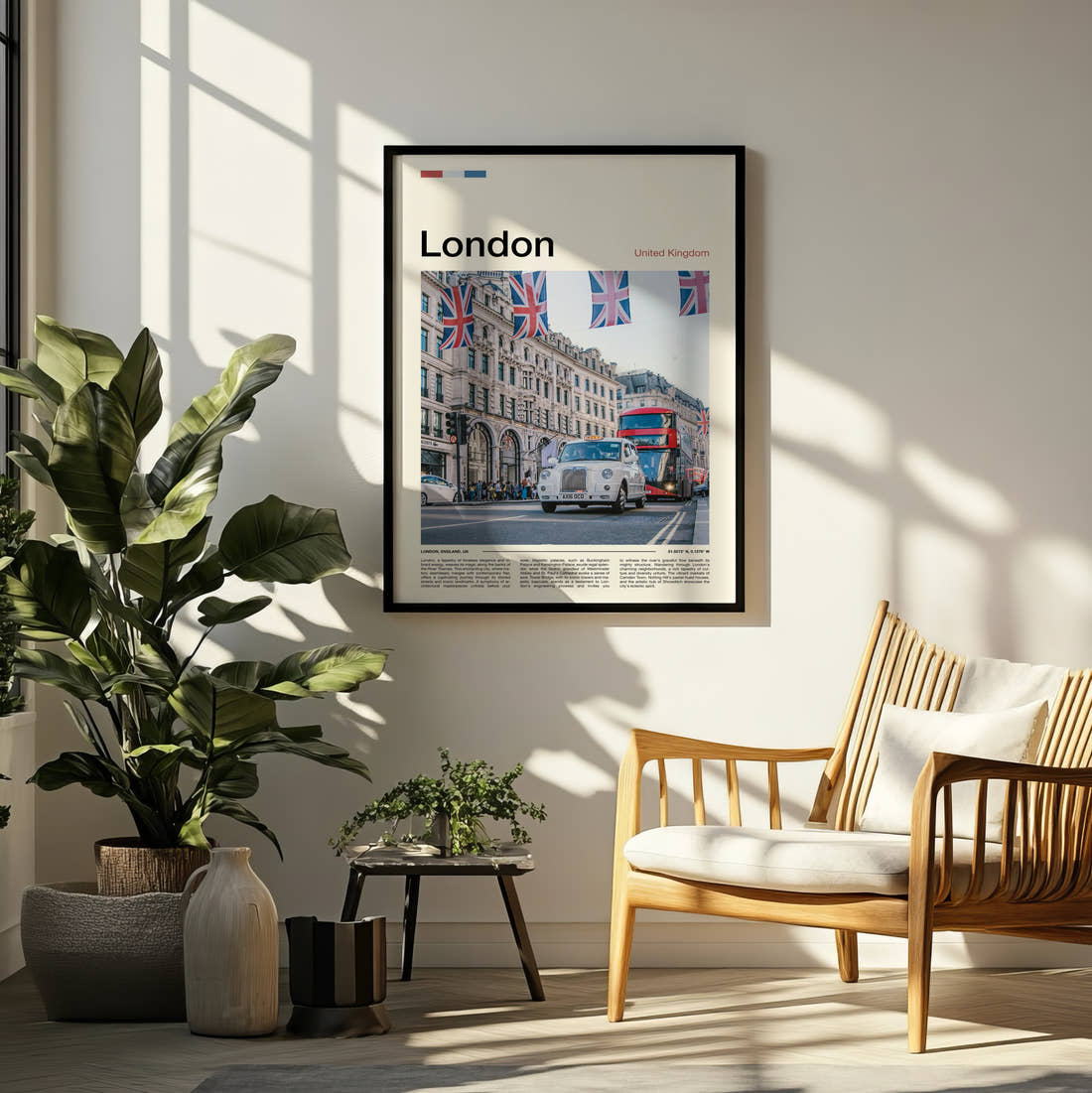 London Taxi Under Union Jacks Travel Print framed on a pale wall beside houseplants
